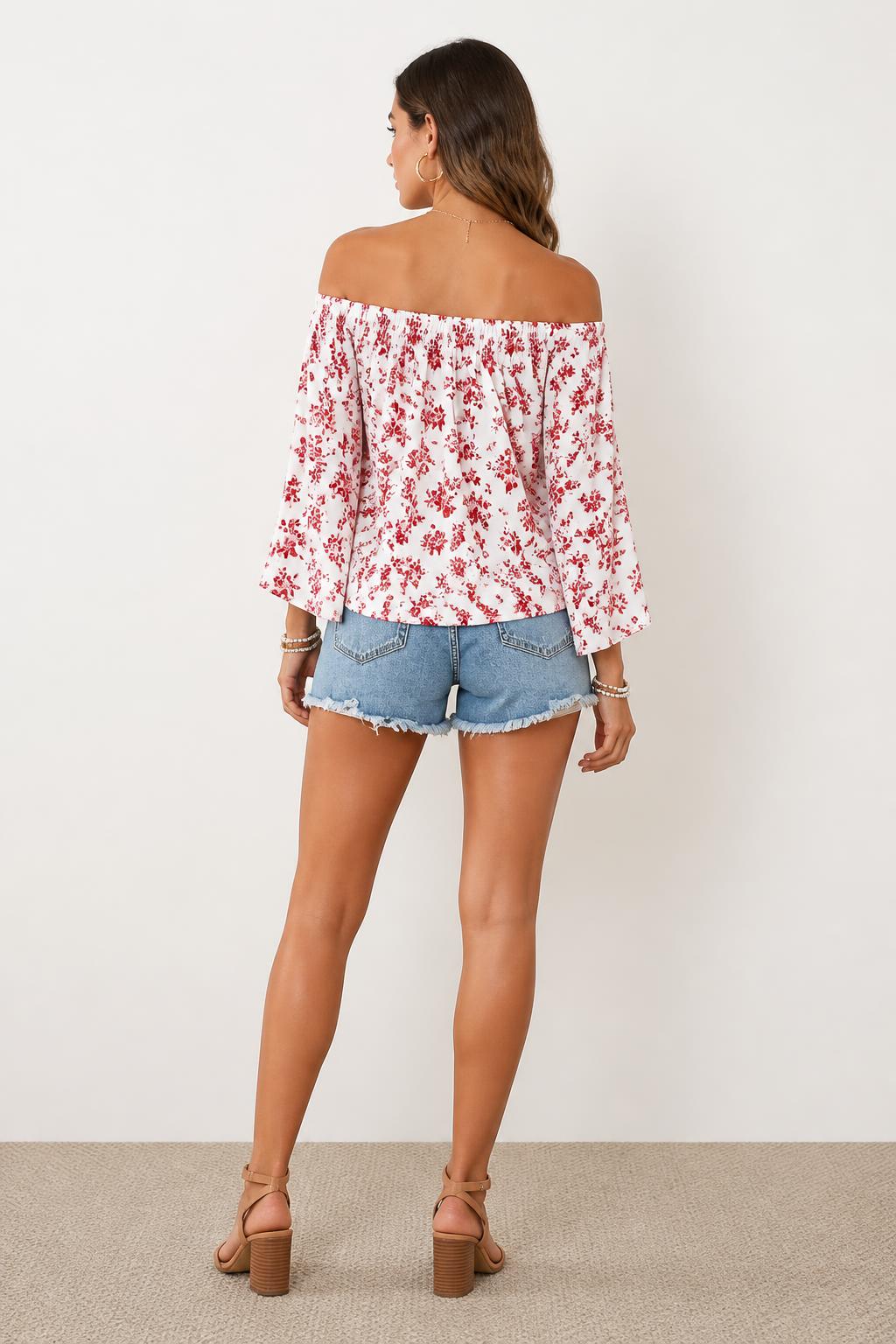 Olivia | Off the Shoulder Top, Colorblock Printed Relaxed Shirt - back view