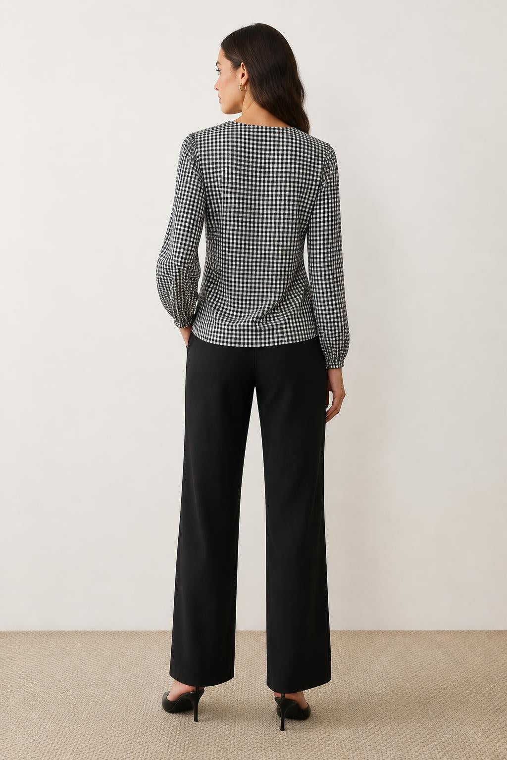 Charlotte | Ruffle Blouse, Black & White Checked V-Neck with Tie Collar - back view
