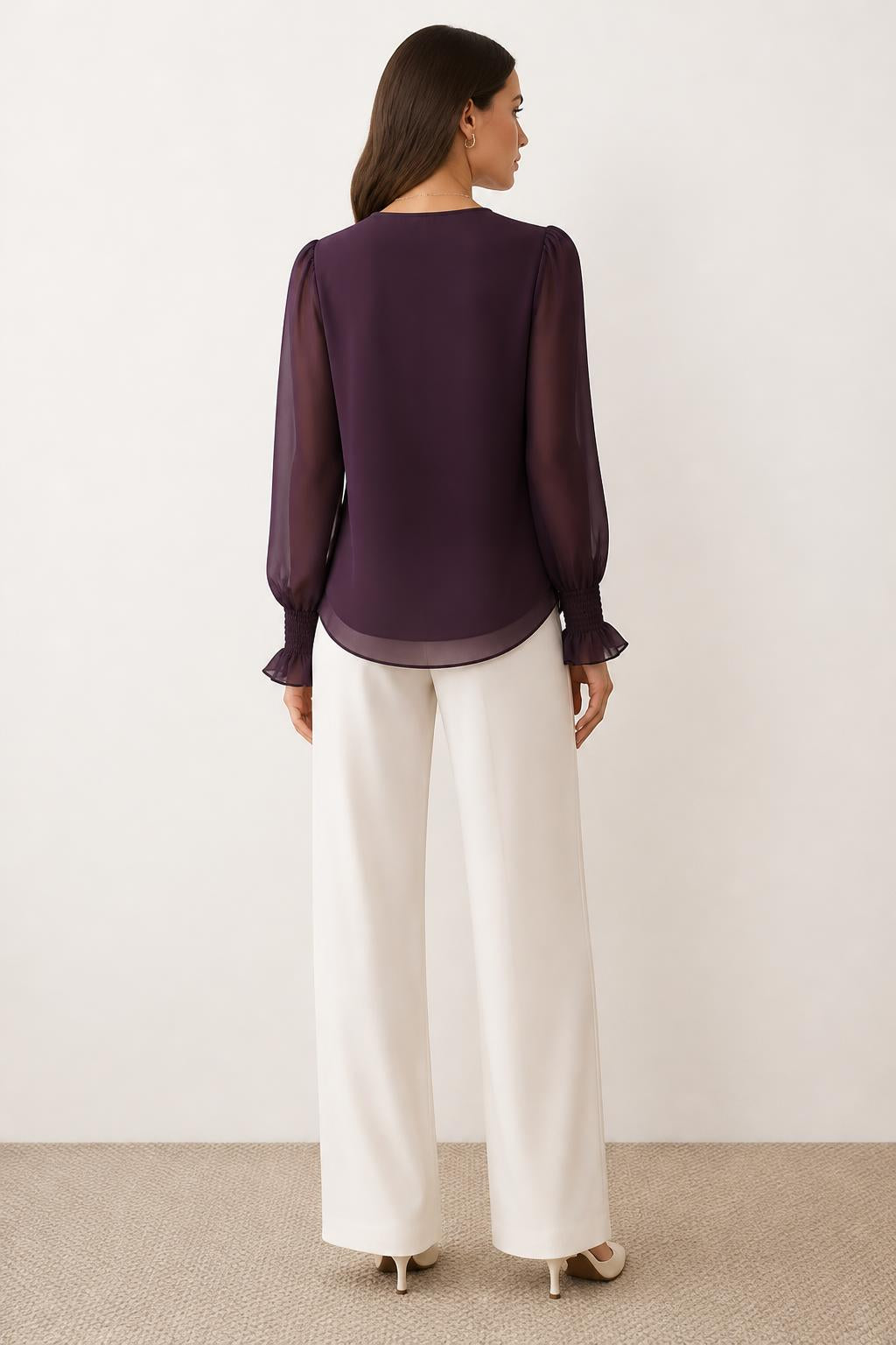 Emma | Chiffon Blouse, Sheer Ruffle V-Neck with Puff Sleeves - back view