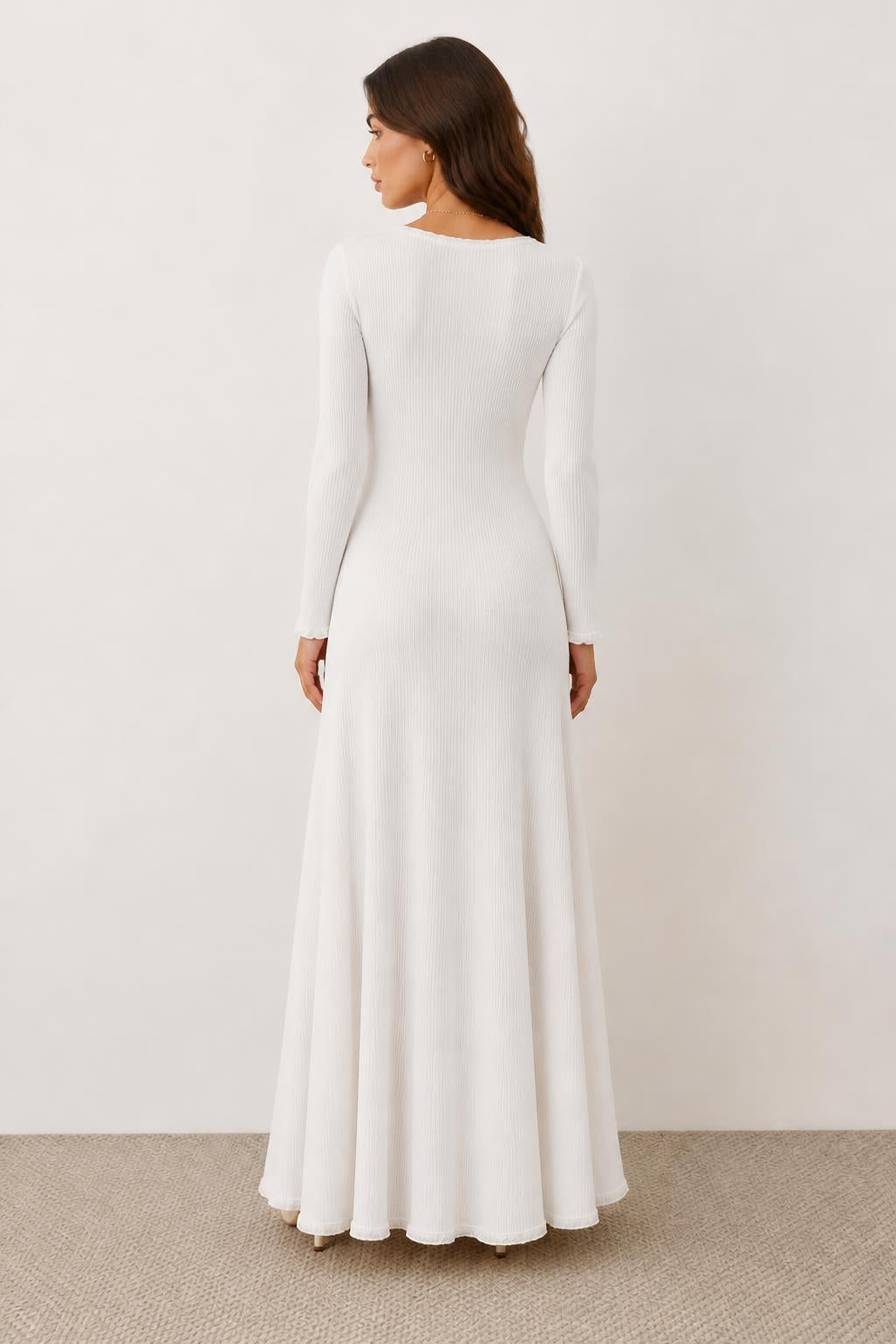 Sofia | White Cardigan, Long Sleeve with Ruffle Trim - back view