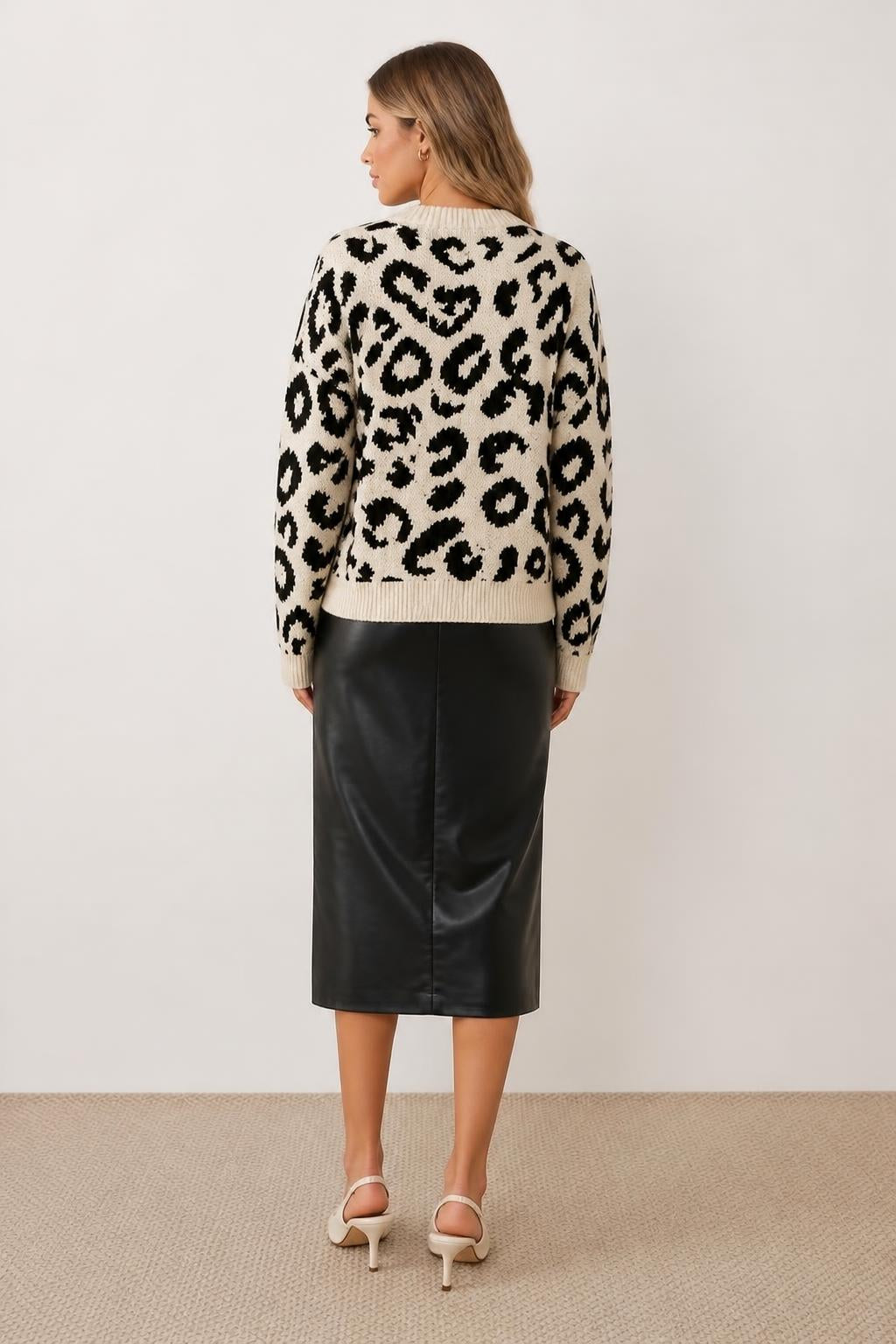 Eliana | Leopard Print Top, Half-Turtleneck Sweater with Shoulder Detail - back view