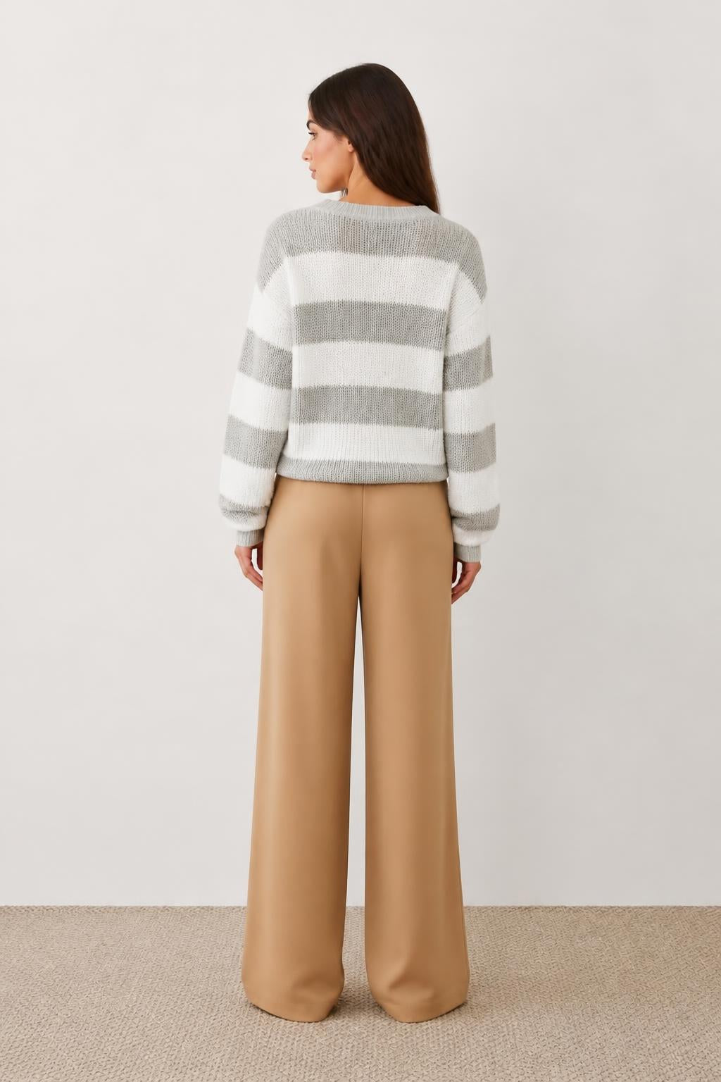 Mia | Crewneck Sweater, Striped Colorblock with Relaxed Long Sleeves - back view