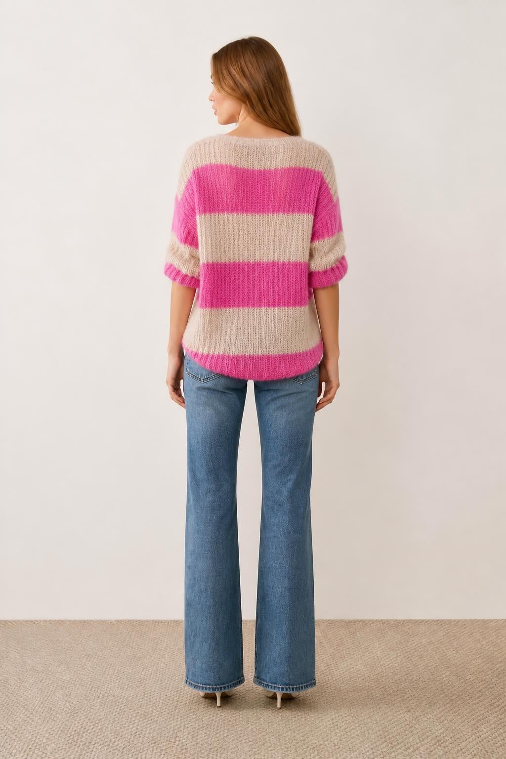 Eliana | Puff Sleeve Top, Cute Striped Lightweight Short-Sleeve - back view