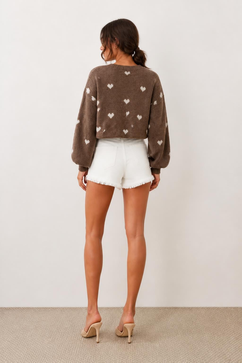 Olivia | Heart Sweater, Casual Crewneck Jacquard Ribbed Knit - back view