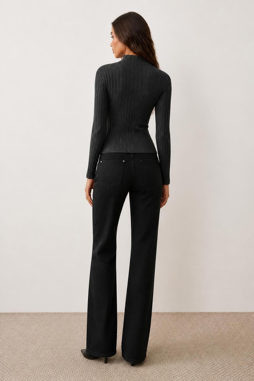 Isabella | Half Zip Sweater, Vintage Navy Ribbed Long Sleeve - back view