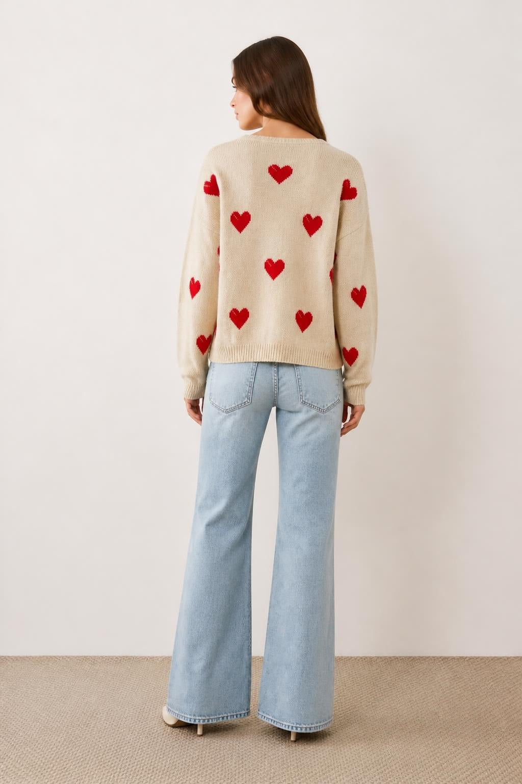 Evelyn | Cute Sweaters for Women, Relaxed Round-Neck with Heart Pattern - back view