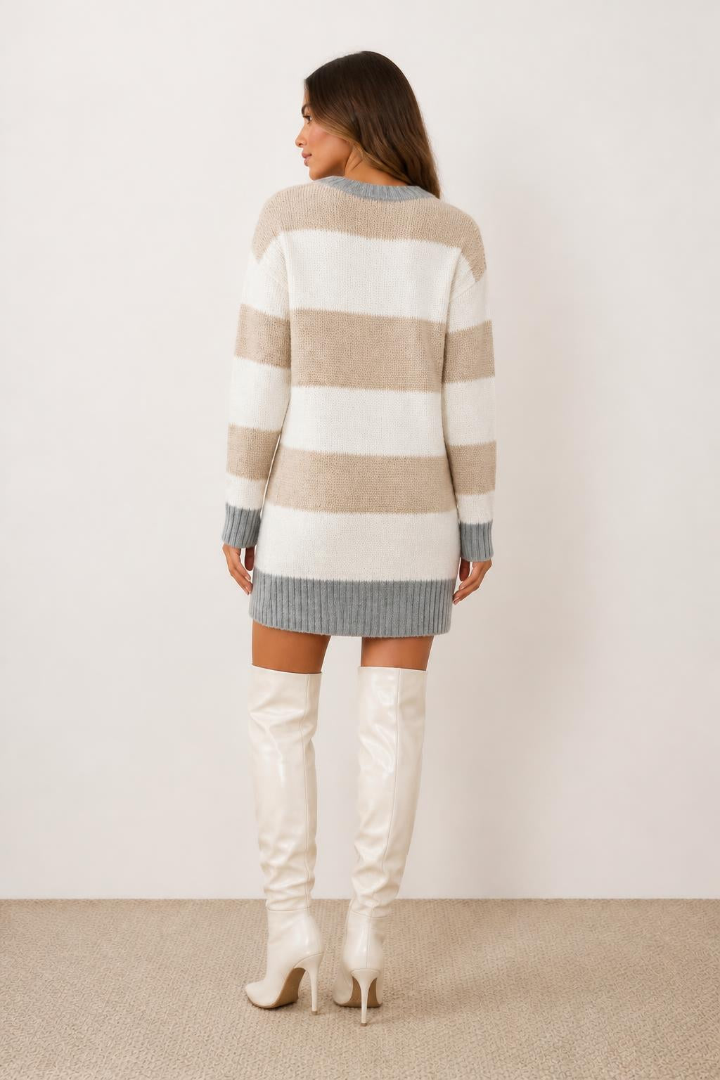 Sophia | Winter Dress, Thick A-Line Midi with Striped Sleeves - back view