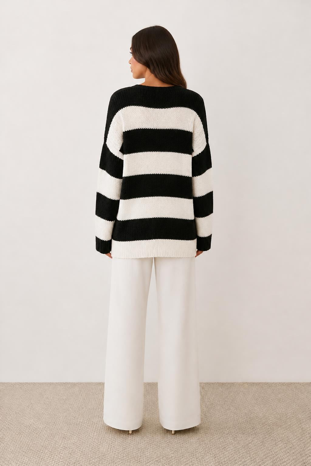 Evelyn | Womens Crew Neck Sweater, Relaxed Striped Long Sleeve - back view