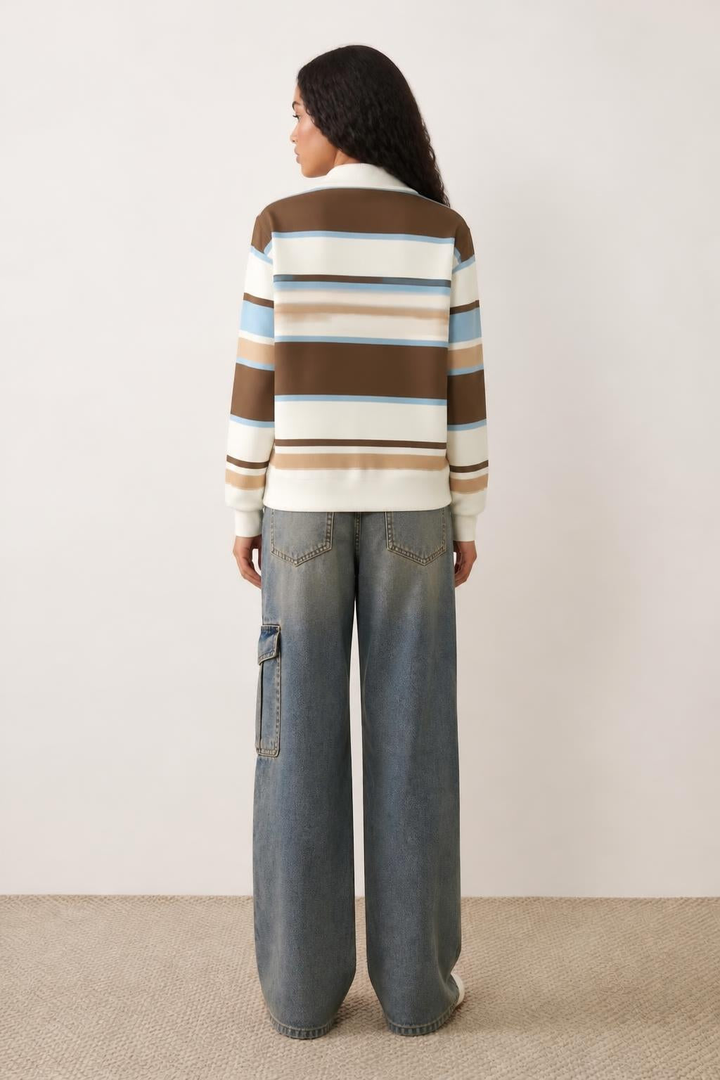 Amelia | Half Zip Sweatshirt, Relaxed Earth-Toned Stripes - back view