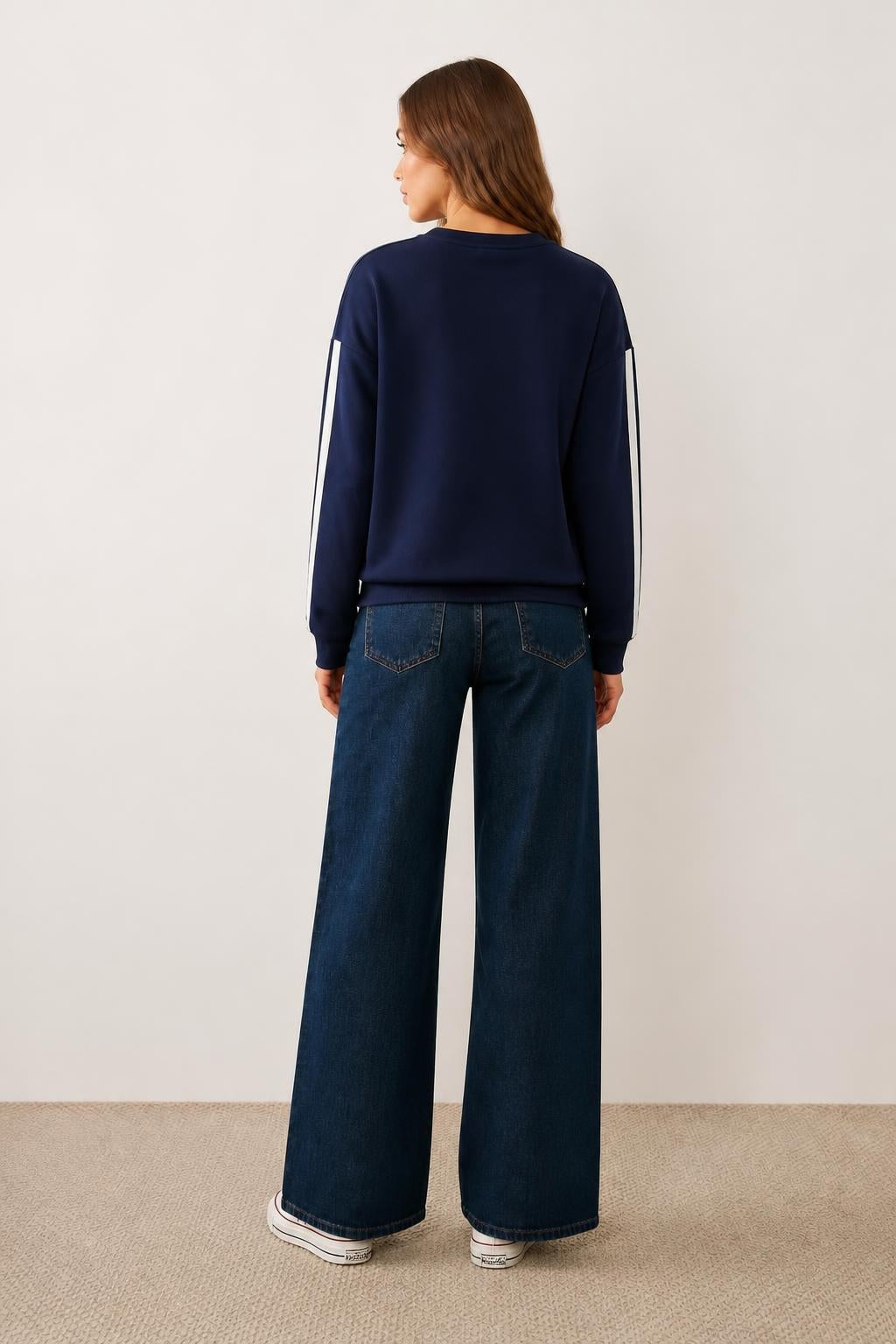 Olivia | Crewneck Sweatshirt Women, Navy Fleece Pullover - back view
