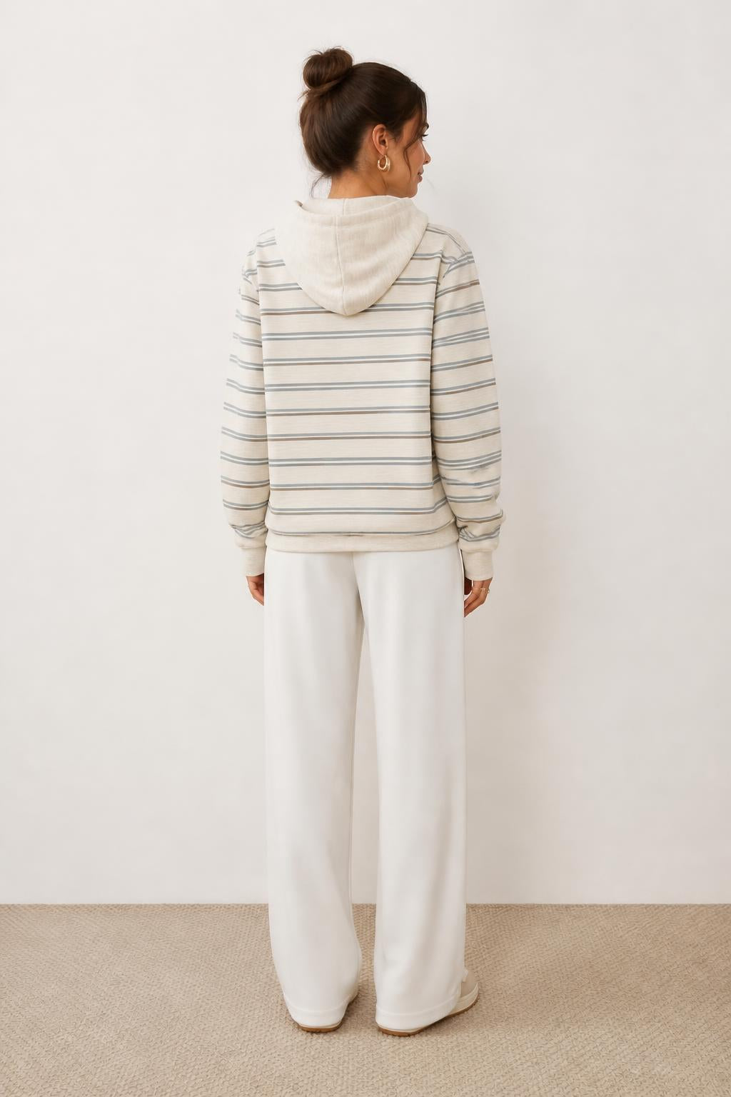 Sofia | Hoodies for Women, Striped Oatmeal with Kangaroo Pocket - back view