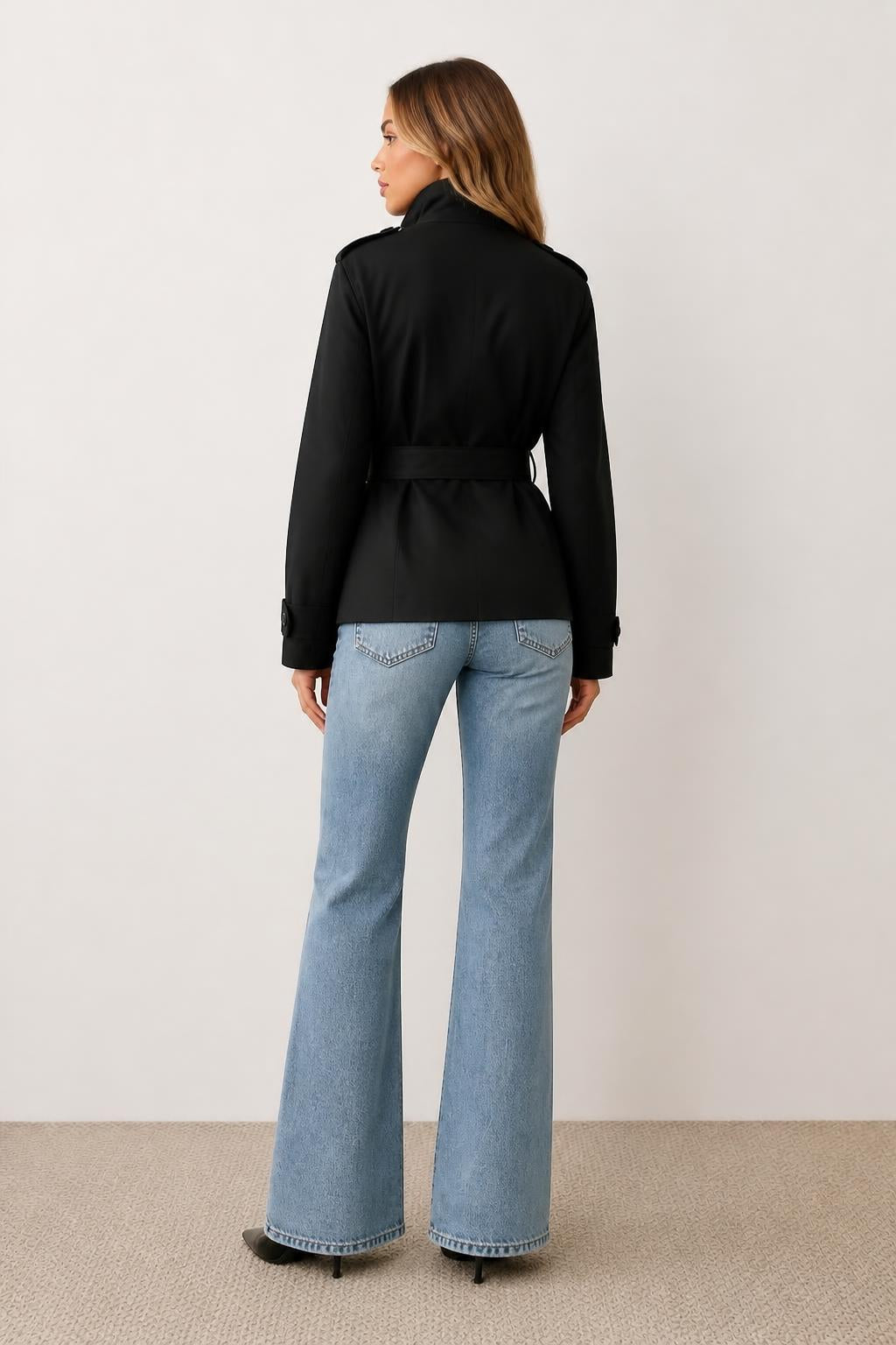 Amelia | Khaki Trench Coat, Belted with Stand Collar - back view