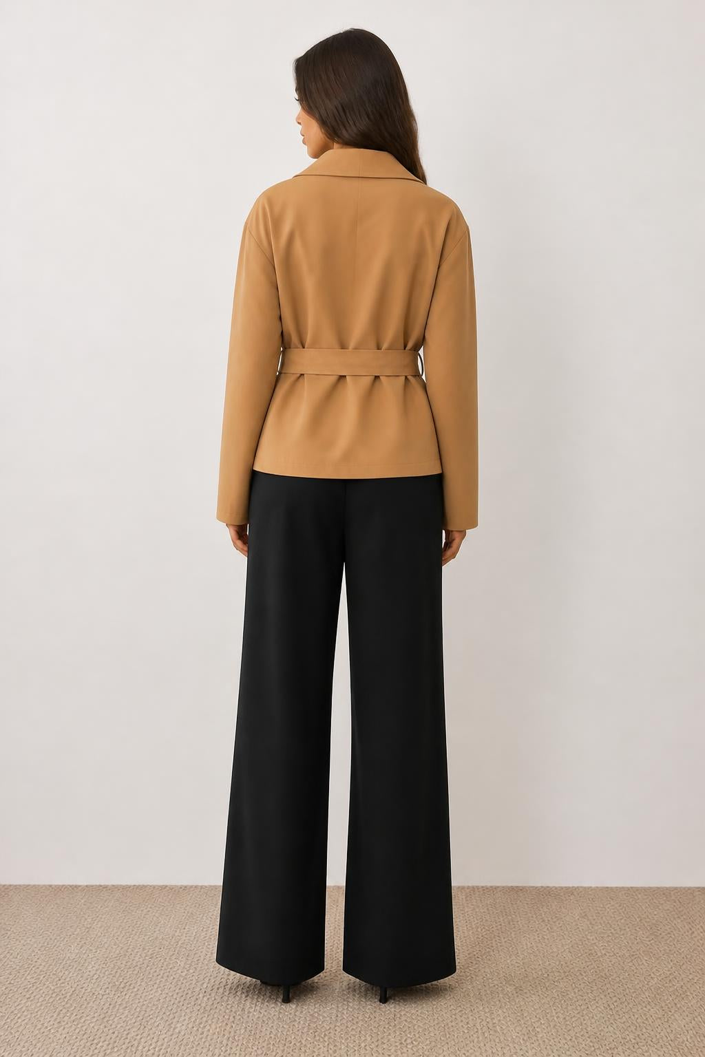 Amelia | Petite Trench Coat Women, Double-Breasted Khaki with Waist Tie - back view