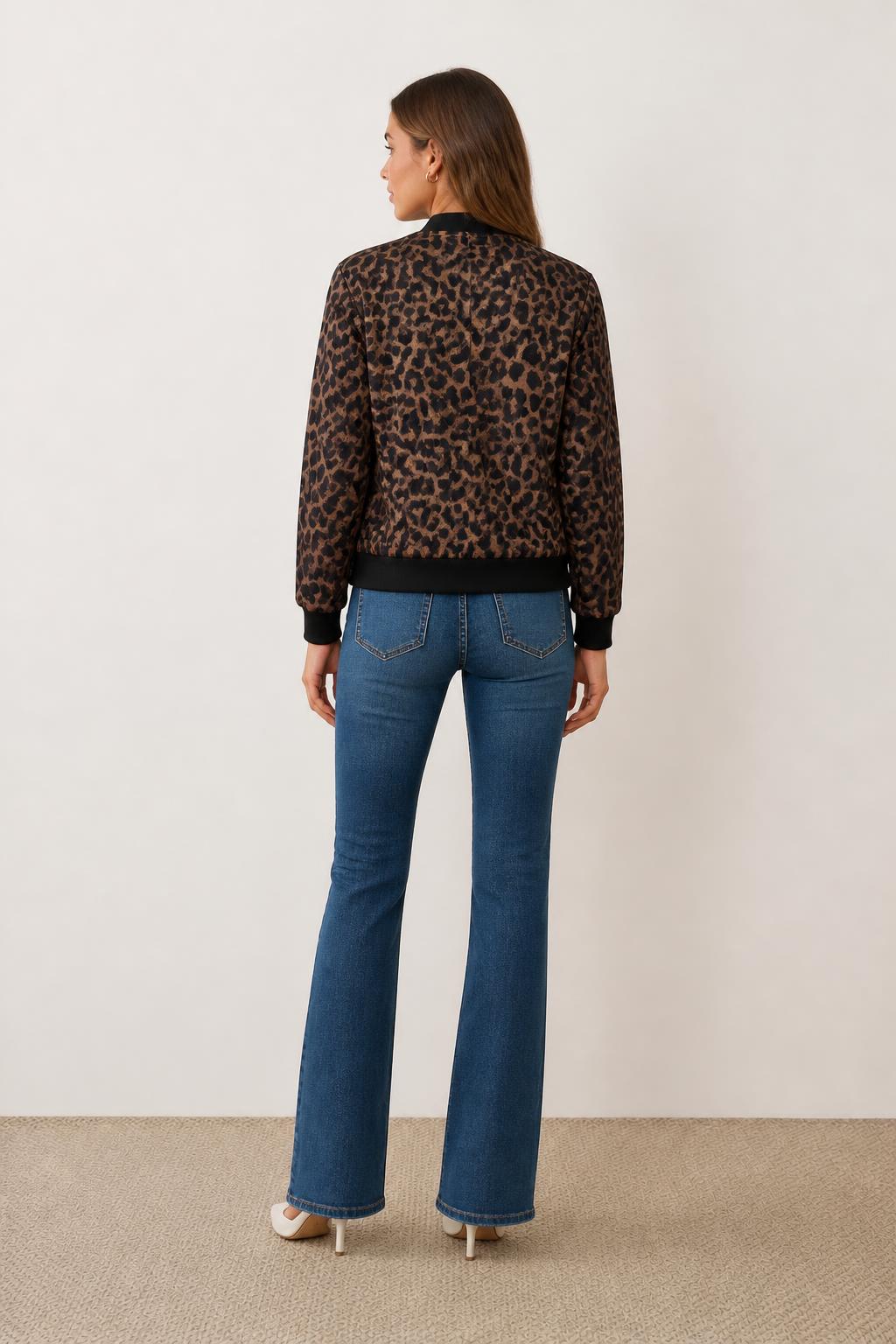 Isabella | Leopard Print Jacket, Baseball Style with Zip - back view