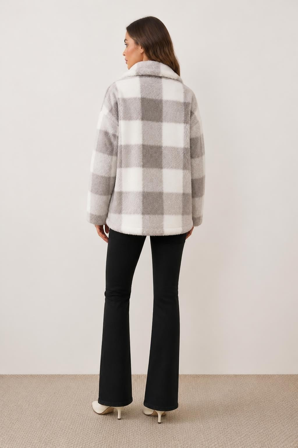 Eliana | Ladies Plaid Jackets, Elegant Relaxed Check Plush Button-Up - back view
