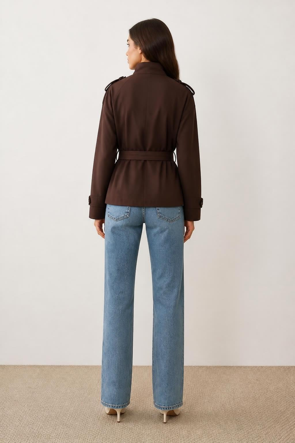 Olivia | Short Trench Coat Women, Double-Breasted with Belt - back view