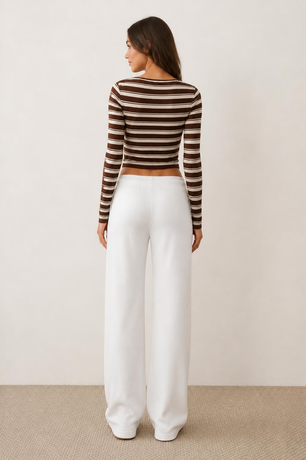 Eliana | Striped Long Sleeve Shirt, Cropped Round Neck Tee - back view