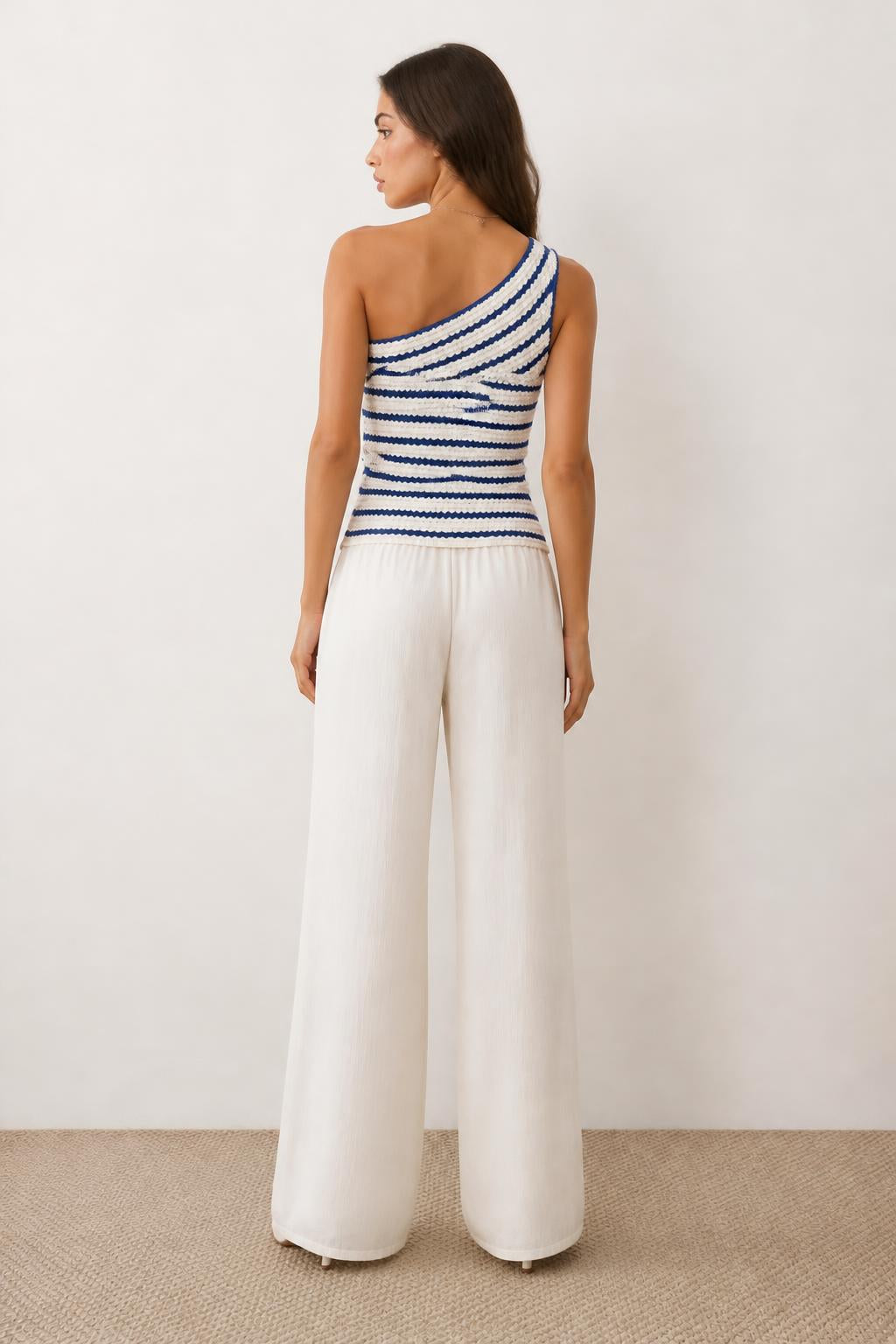Sofia | Off the Shoulder Top, White and Blue Striped Crochet - back view