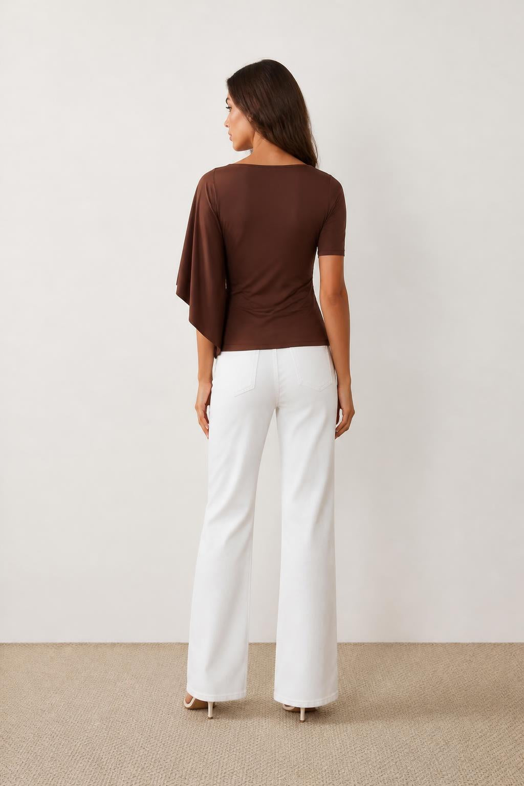 Sophia | Ruffle Top, Elegant Coffee Brown Short Sleeve - back view