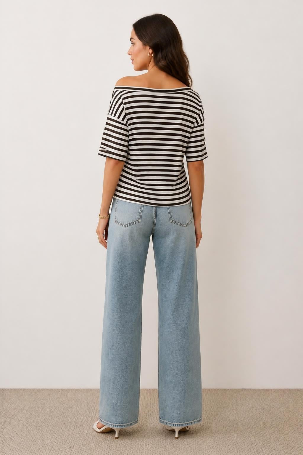 Evelyn | Off the Shoulder Tshirt, Striped Short Sleeve - back view