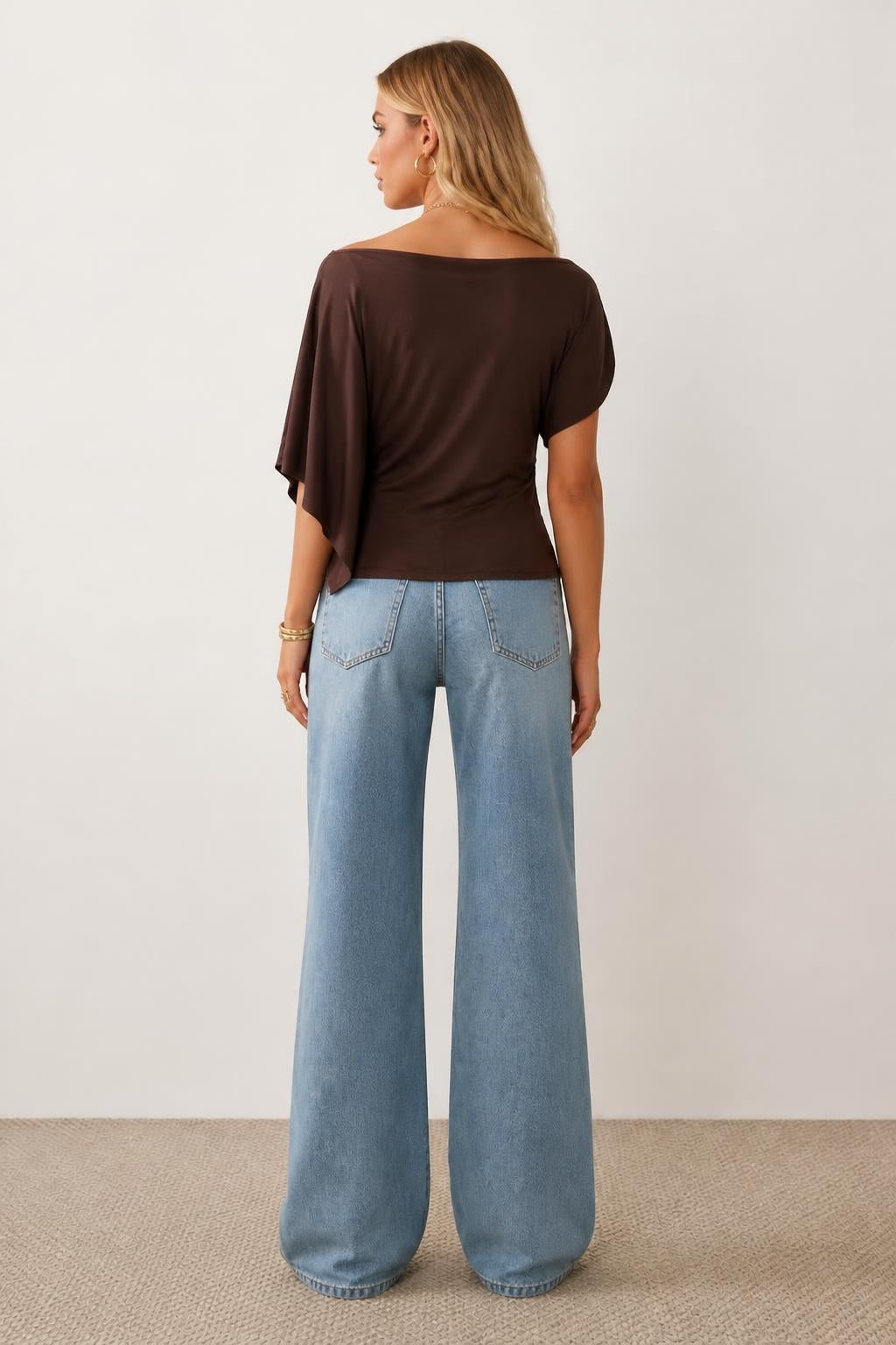 Eliana | Blouses with Ruffles, Coffee Brown Short Sleeve Top - back view