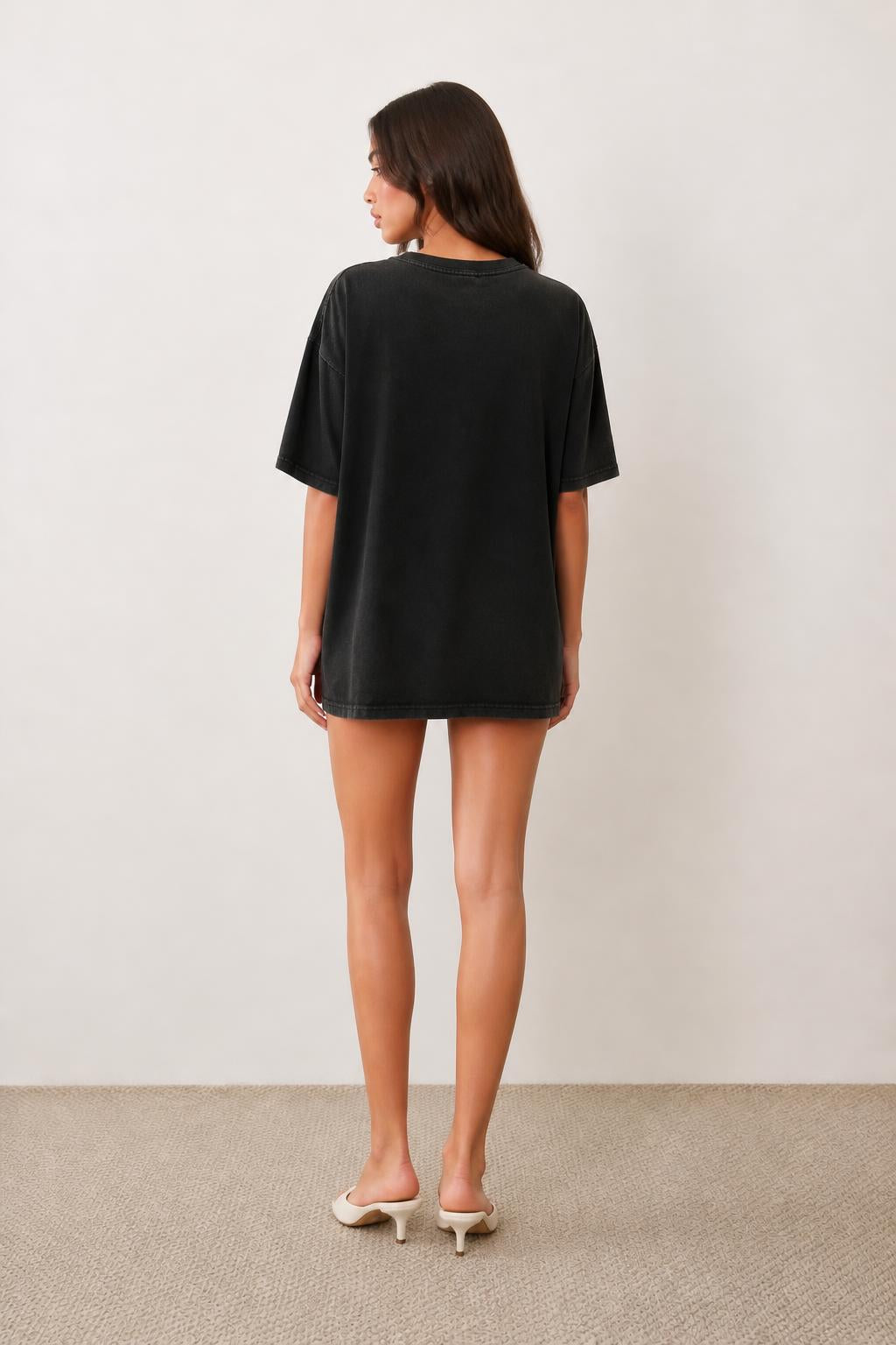 Olivia | Oversized Graphic Tee, Unisex Hip-Hop Portrait Print in Black - back view