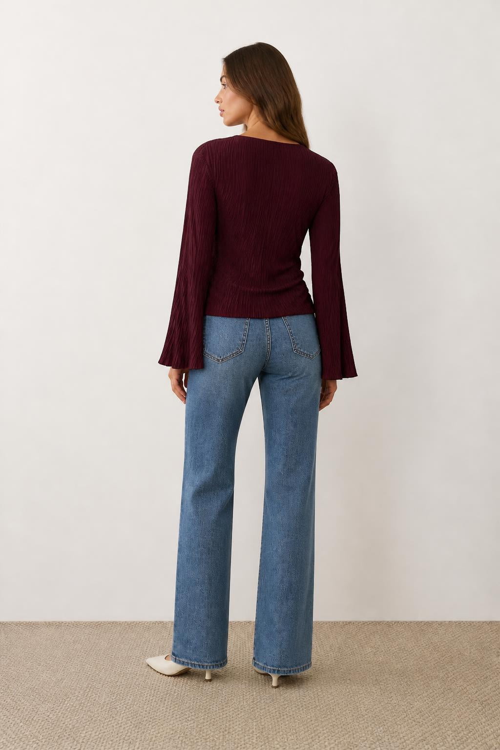 Emma | Bell Sleeve Top, Round Neck Blouse with Flared Sleeves - back view