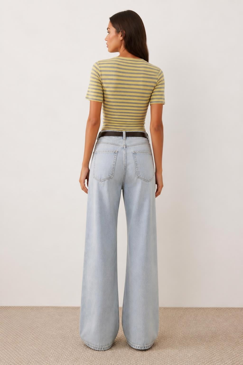 Isabella | Crop Top, Yellow-Grey Striped V-Neck - back view