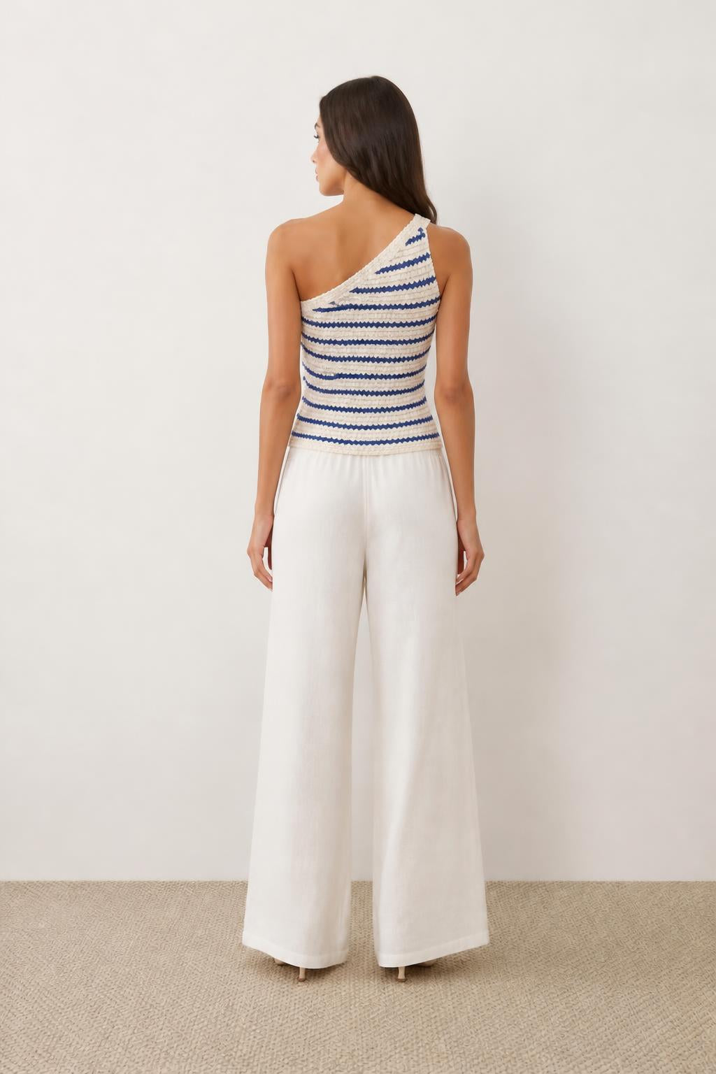 Sofia | Crochet Top, Striped Asymmetric Off-Shoulder Relaxed Fit - back view