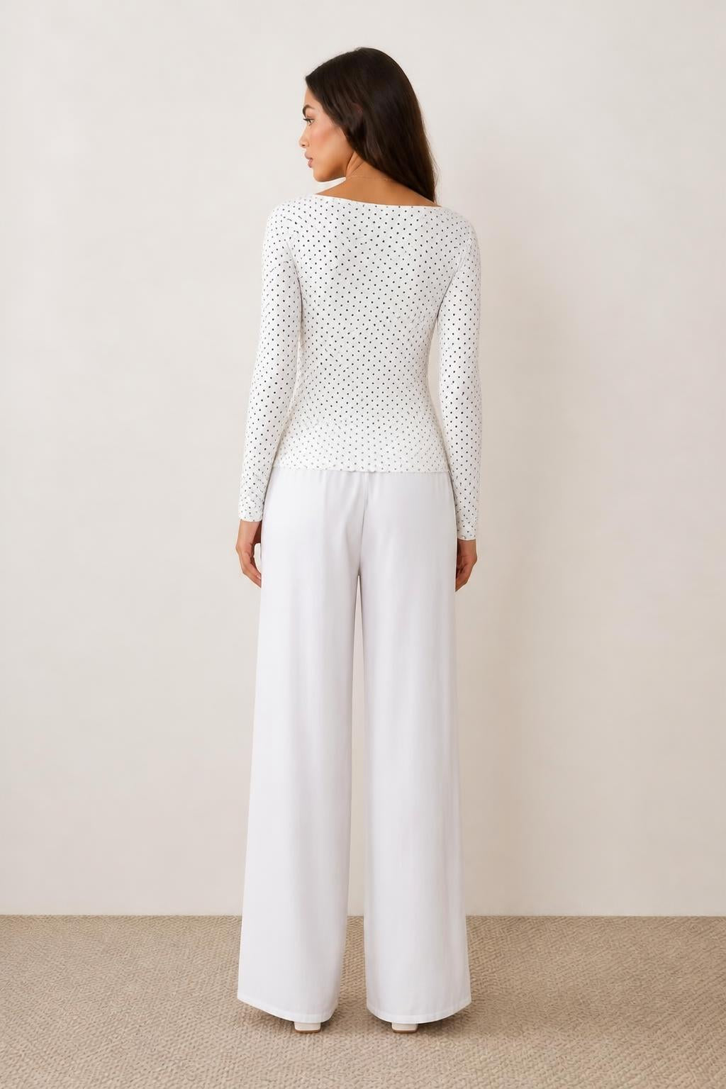 Olivia | Shirt with Polka Dots, Elegant V-Neck Long Sleeve Tee - back view