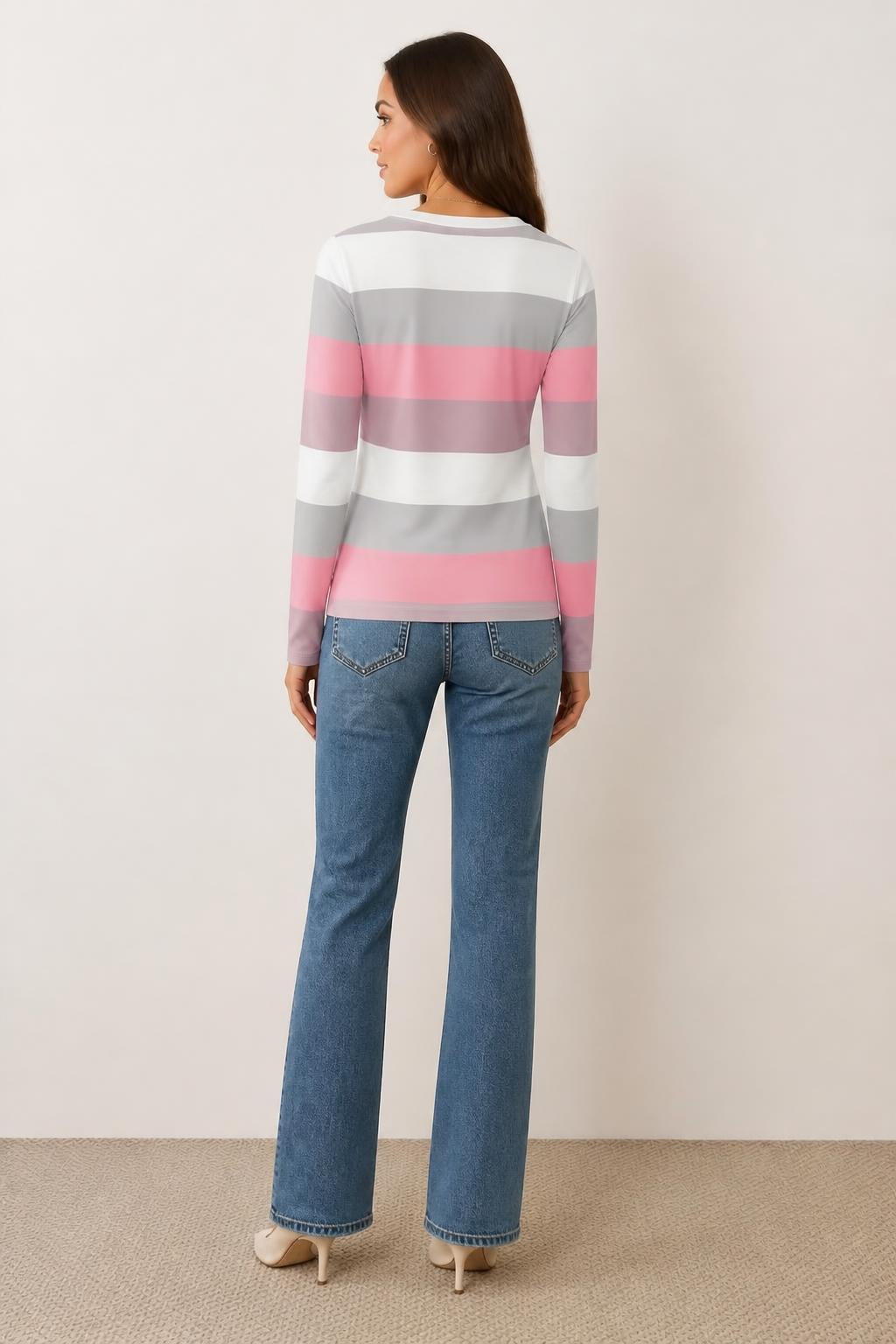 Charlotte | Womens Striped Shirt, Multicolored V-Neck Long Sleeve - back view