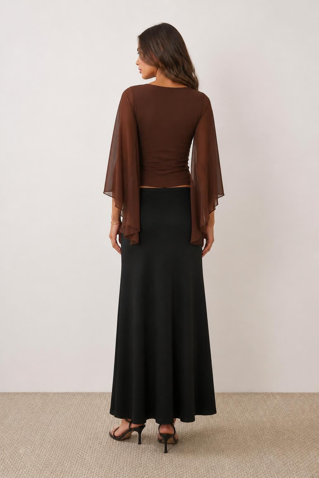 Emma | Bell Sleeve Top, Pleated Solid Fashion Blouse - back view