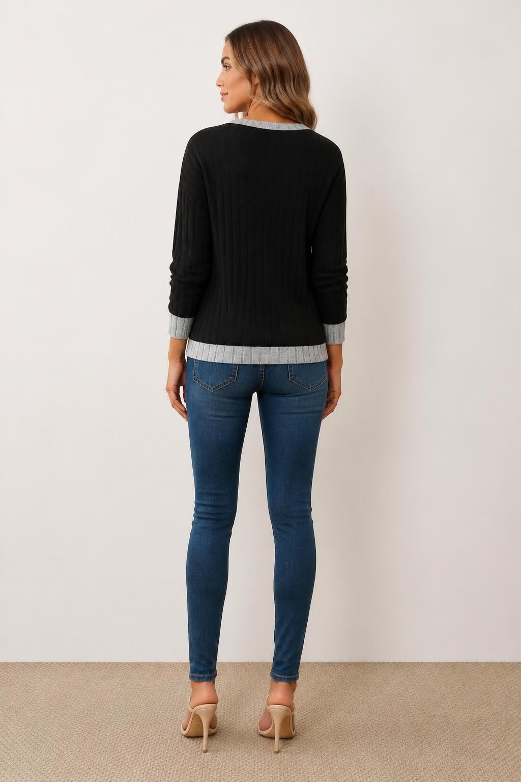 Sophia | Striped Sweater, Colorblock V-Neck Pullover - back view