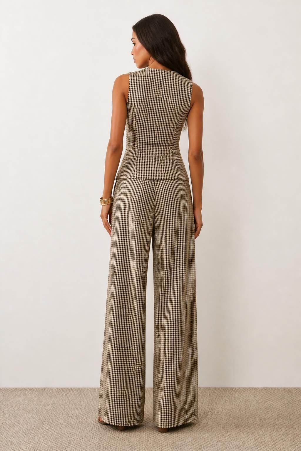 Mia | Plaid Pants Women, Vintage Checked Sleeveless Top & High-Waist Set - back view