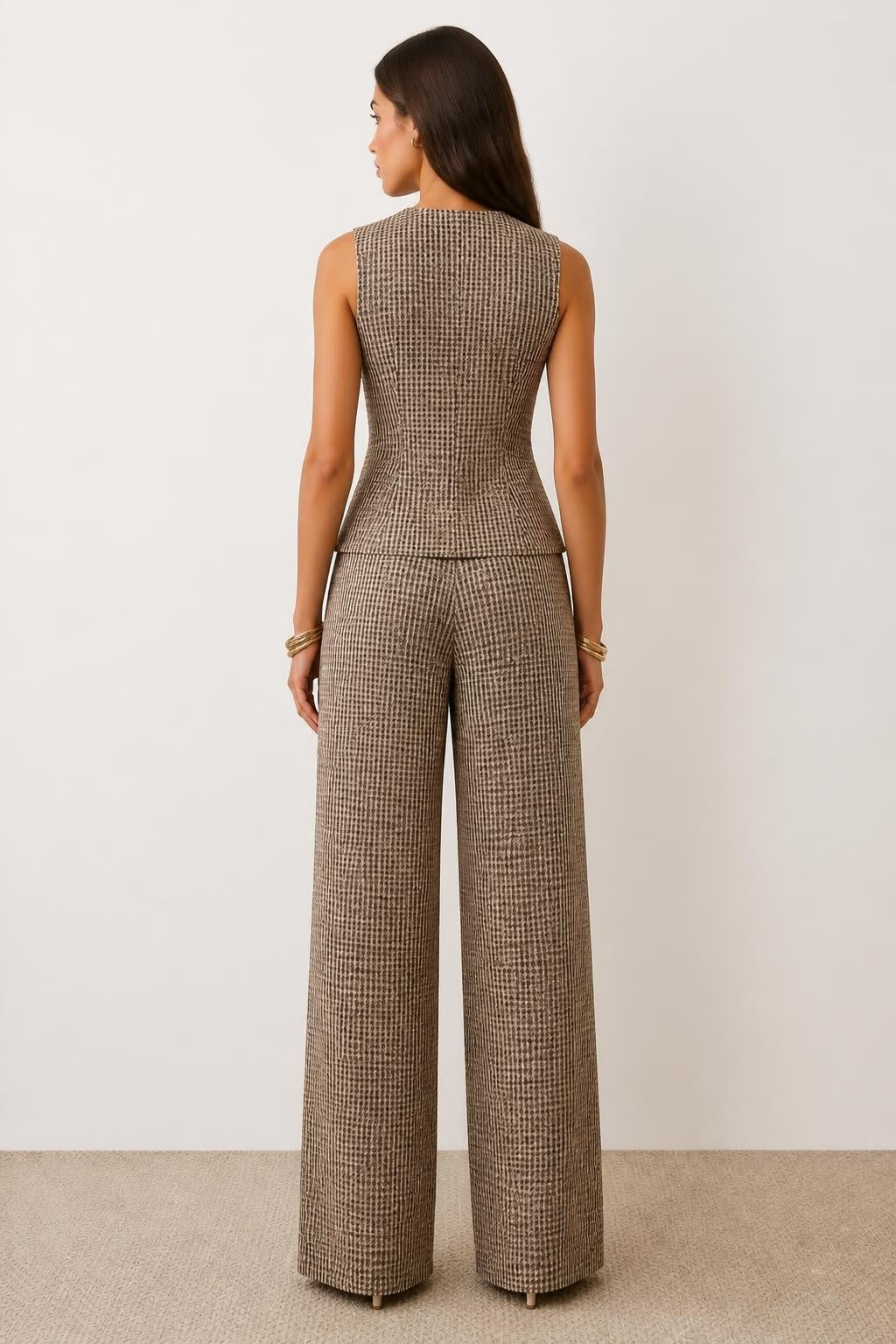 Emma | Plaid Pantsuit, Retro Sleeveless Blazer & High-Waist Trousers - back view
