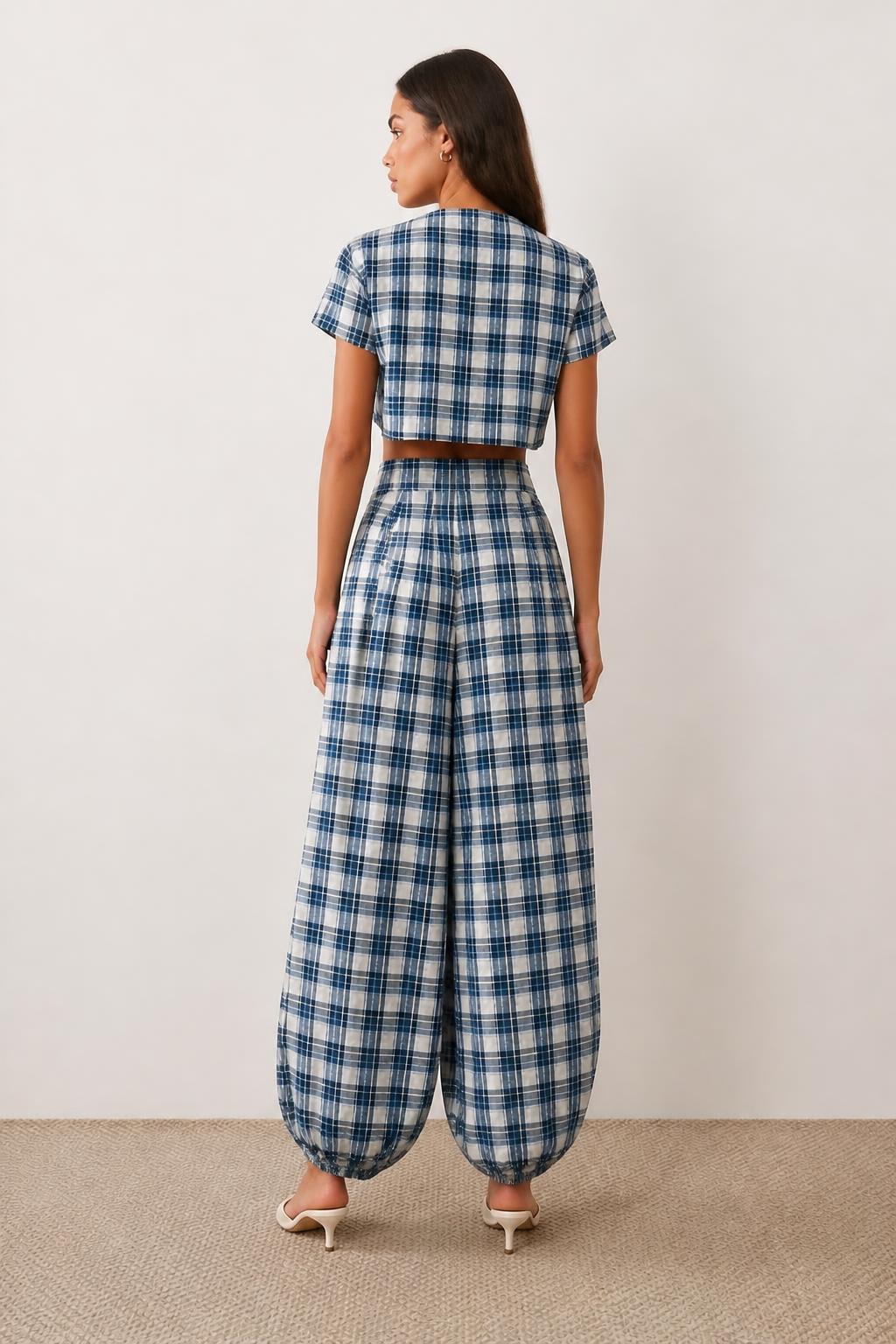 Amelia | Plaid Pants, Two-Piece Set with Cropped Top & Pleated Wide Leg - back view