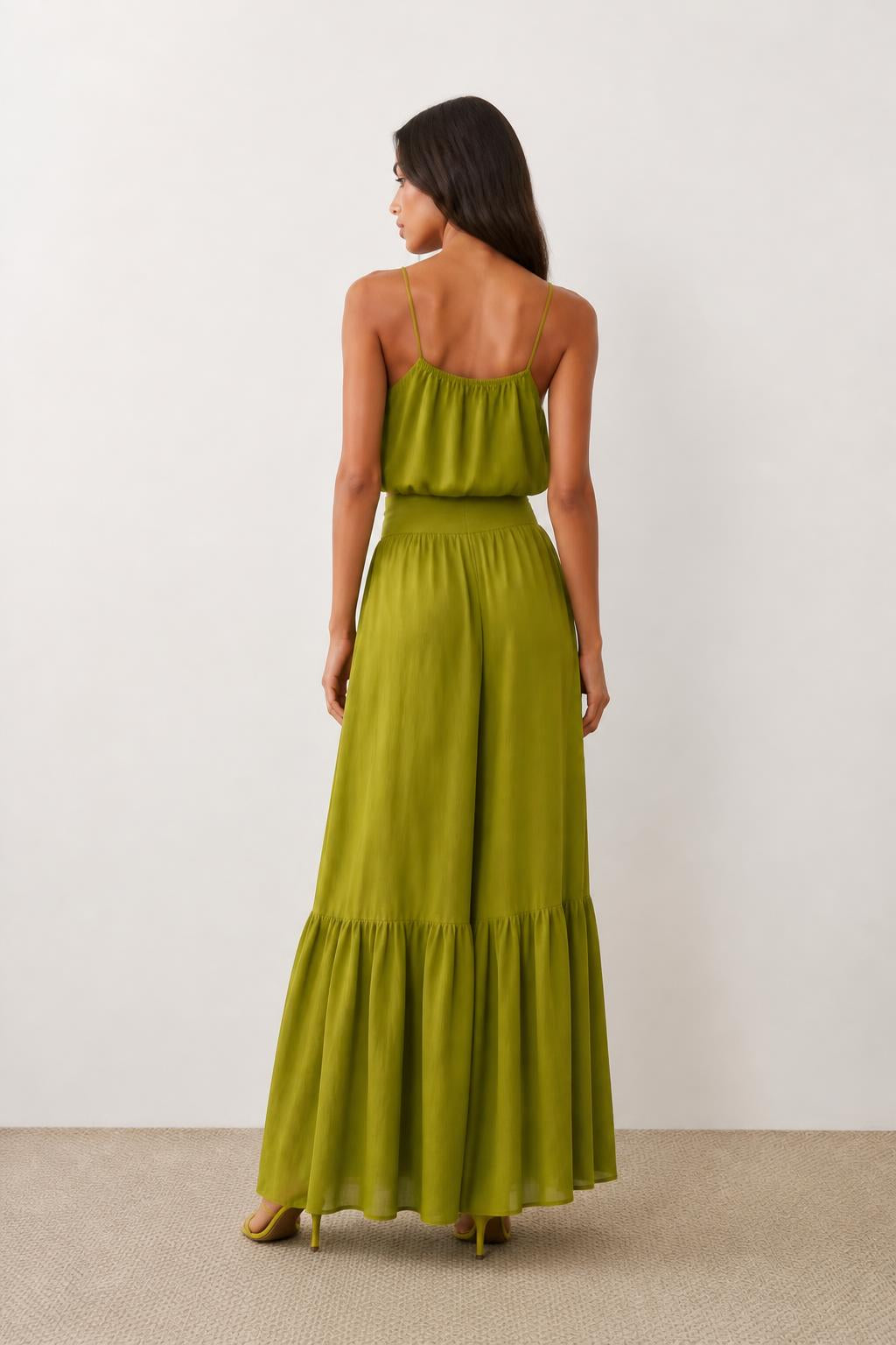 Sophia | Satin Skirt, Olive Green 2-Piece Set with Camisole Crop Top - back view