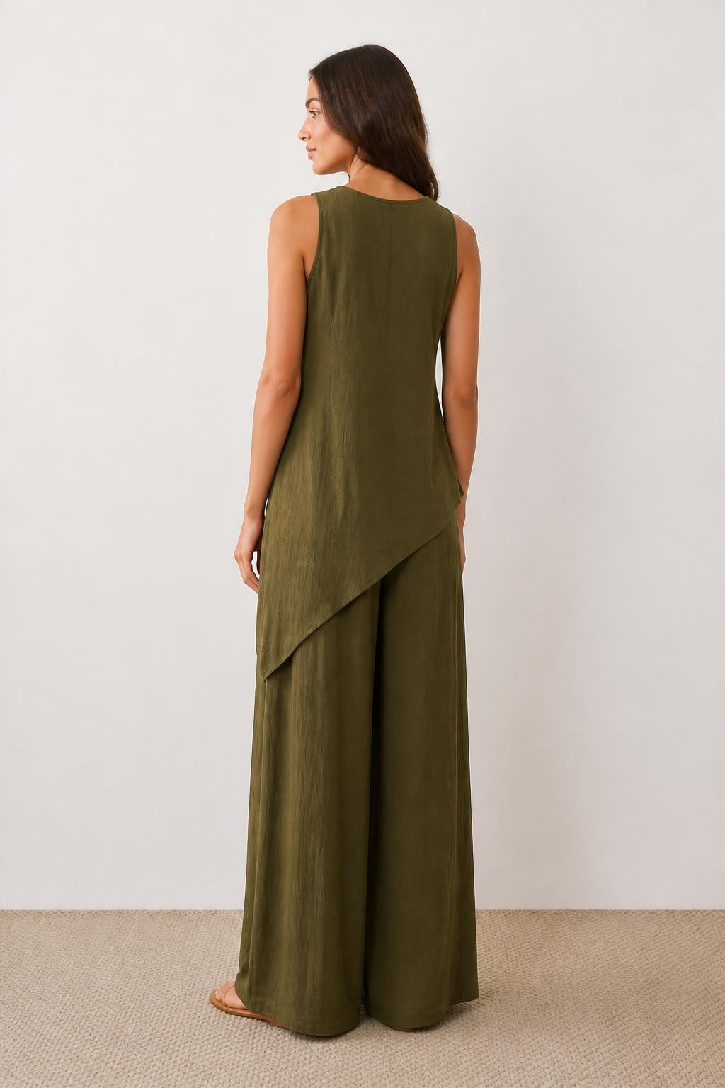 Mia | High Waisted Wide Leg Pants, Relaxed 2-Piece Sleeveless Set - back view