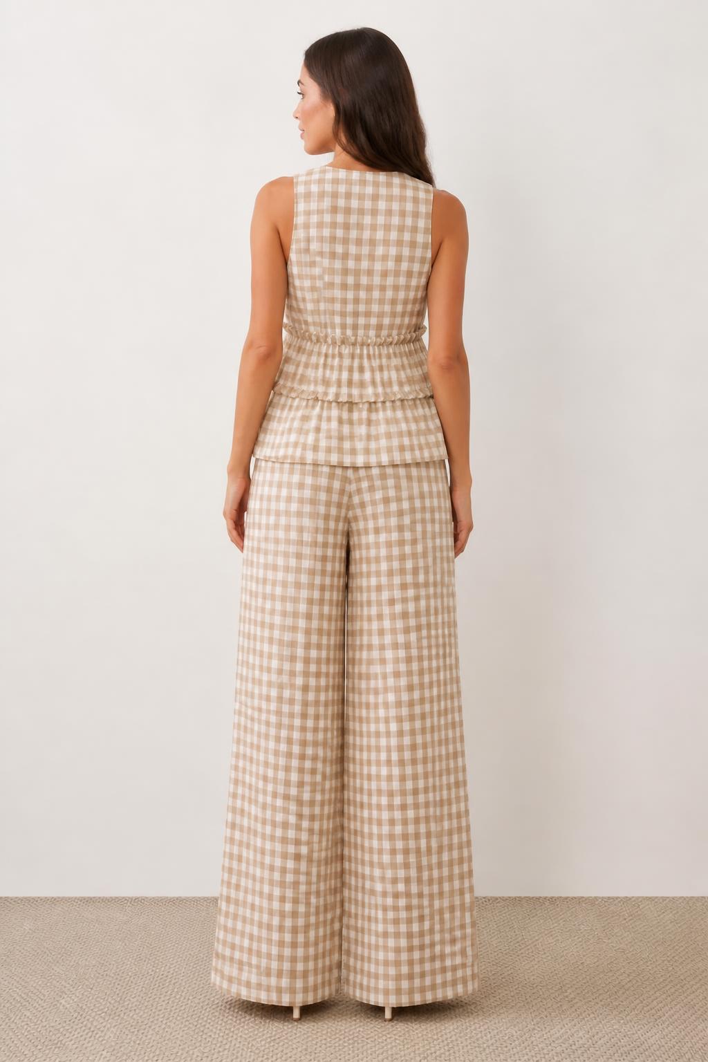 Sofia | Ladies Plaid Pants, Sleeveless Ruffle Top & Wide-Leg 2-Piece Set - back view