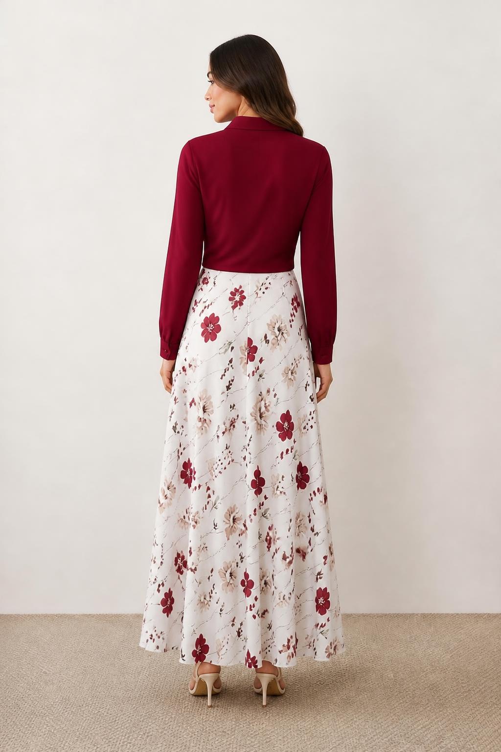 Amelia | Floral Midi Skirt, White Skirt & Burgundy Tie-Front Crop Shirt Set - back view