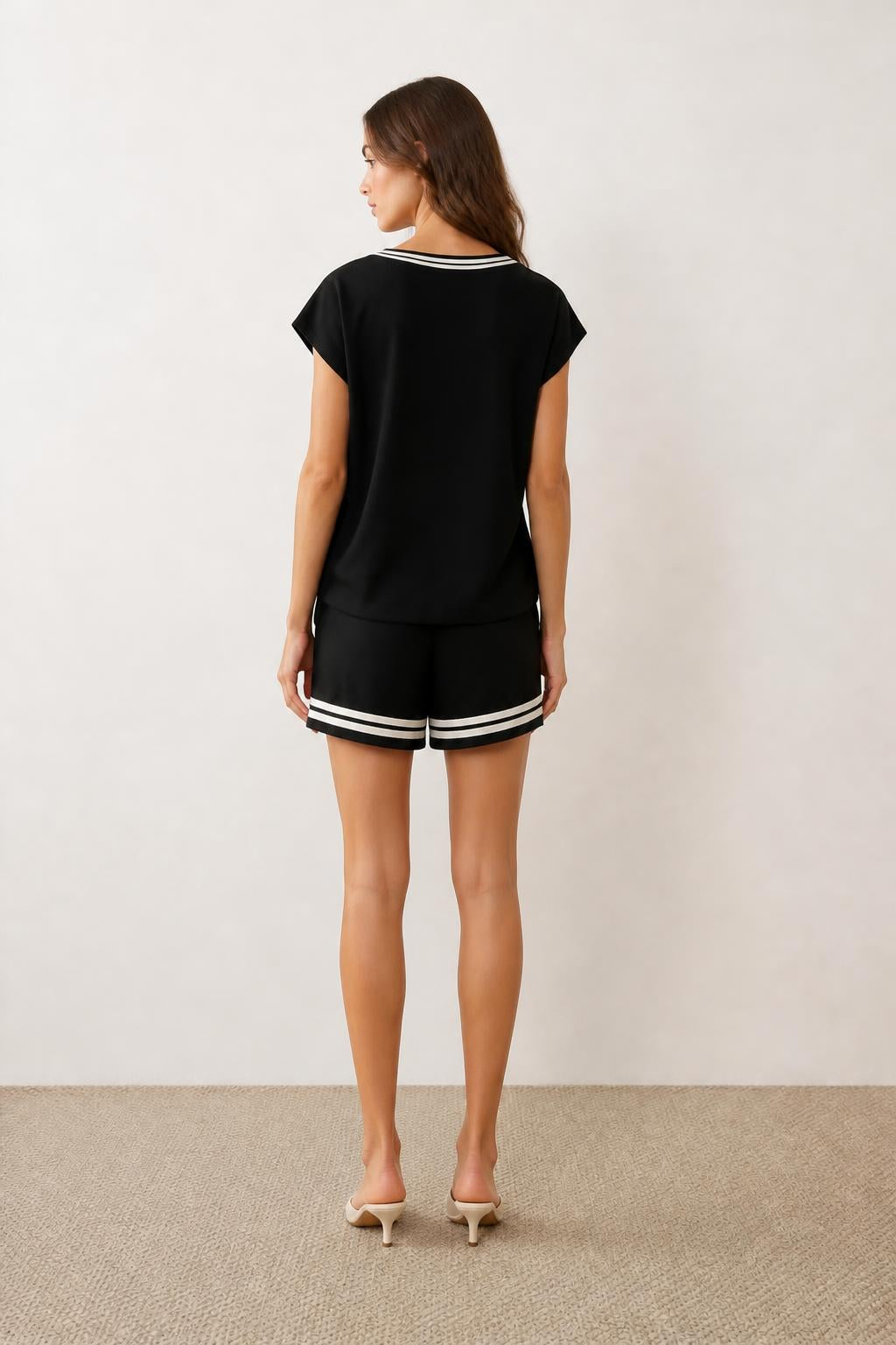 Isabella | Summer Sets for Women, V-Neck Contrast-Trim Short-Sleeve 2-Piece - back view