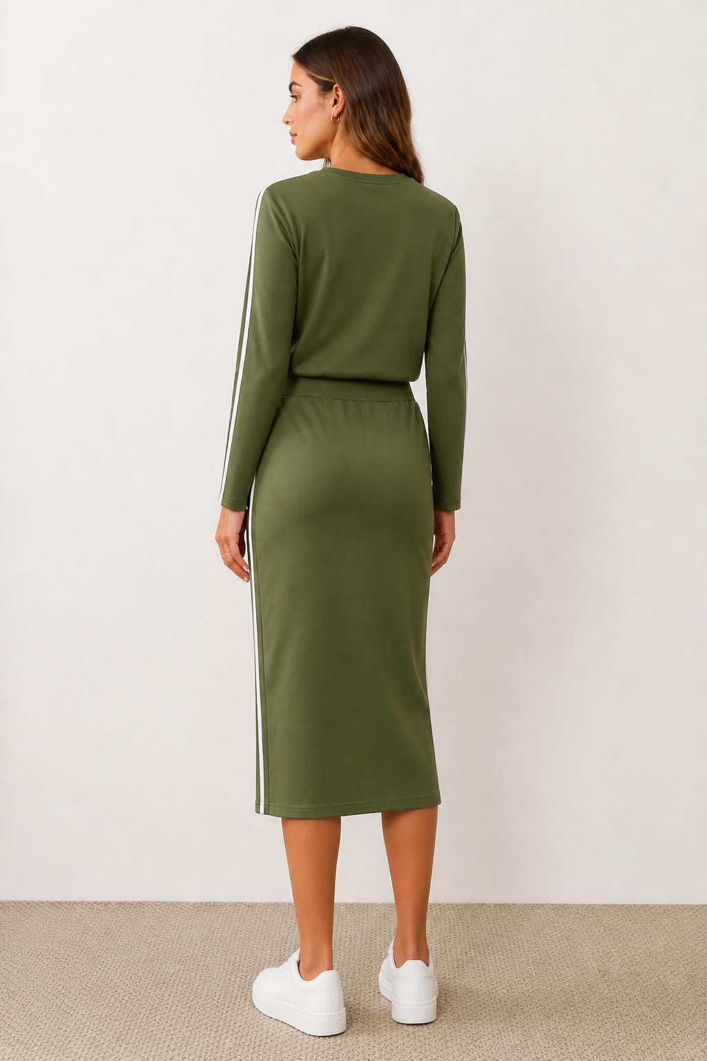 Evelyn | Midi Skirt Set, Long-Sleeve Stripe 2-Piece for Autumn/Winter - back view