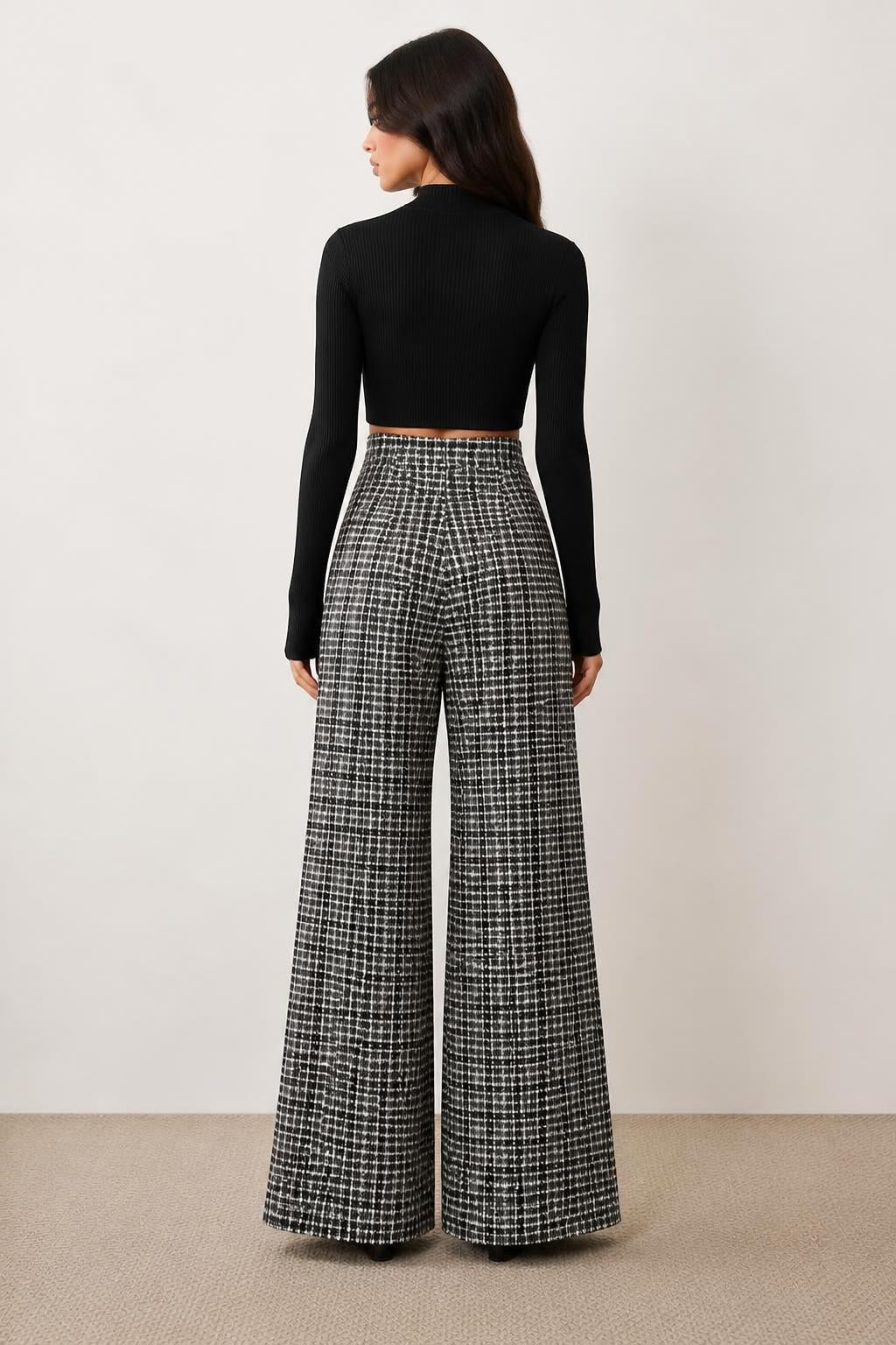 Mia | Plaid Trousers Womens, Checked Wide-Leg with Buttons & Pockets - back view