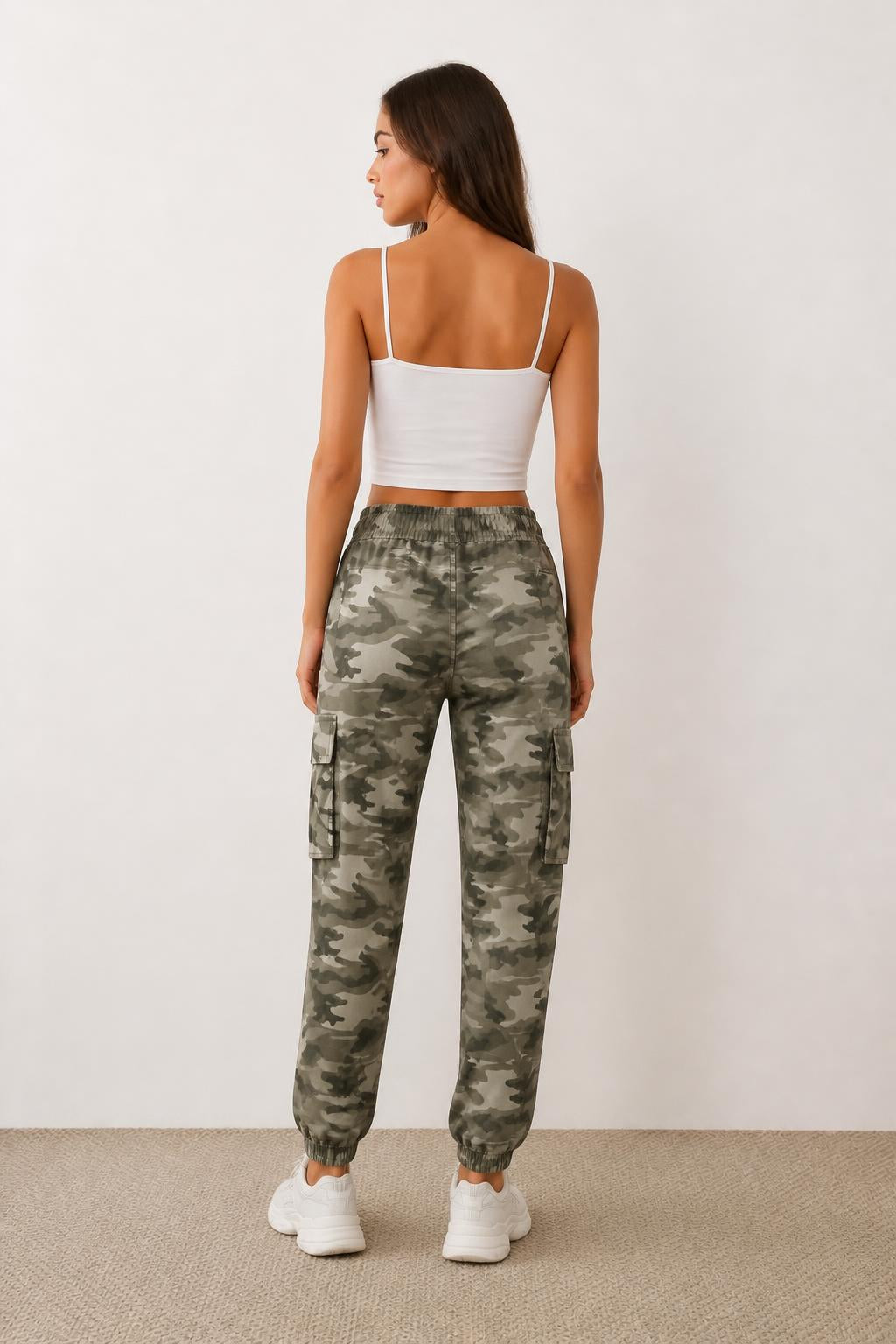 Emma | Camo Cargo Pants, Loose Irregular Olive Joggers - back view