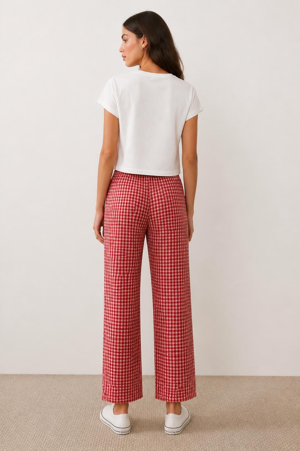 Isabella | Plaid Pants Women, Checked Wide Legs with Elastic Waist - back view
