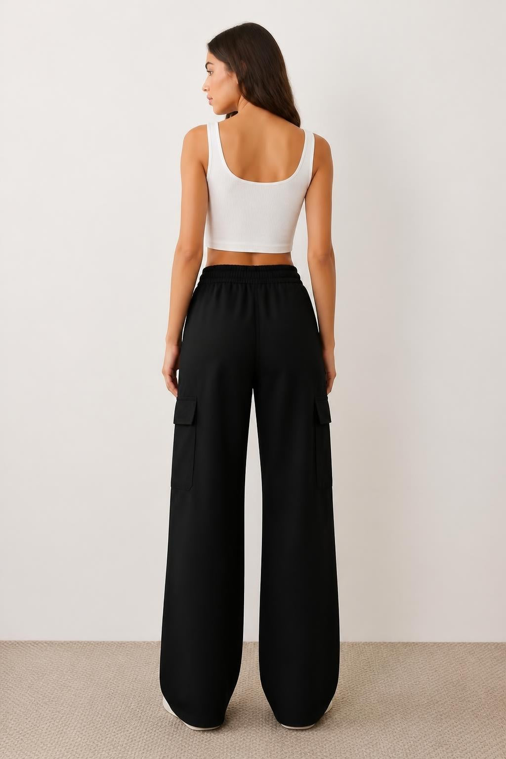 Sofia | Wide Leg Cargo Pants, High-Waist Work Pants with Tool Pockets - back view