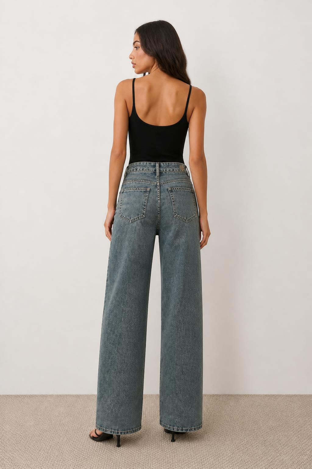 Sofia | Wide Leg Jeans, High-Waisted Non-Stretch Washed Denim - back view
