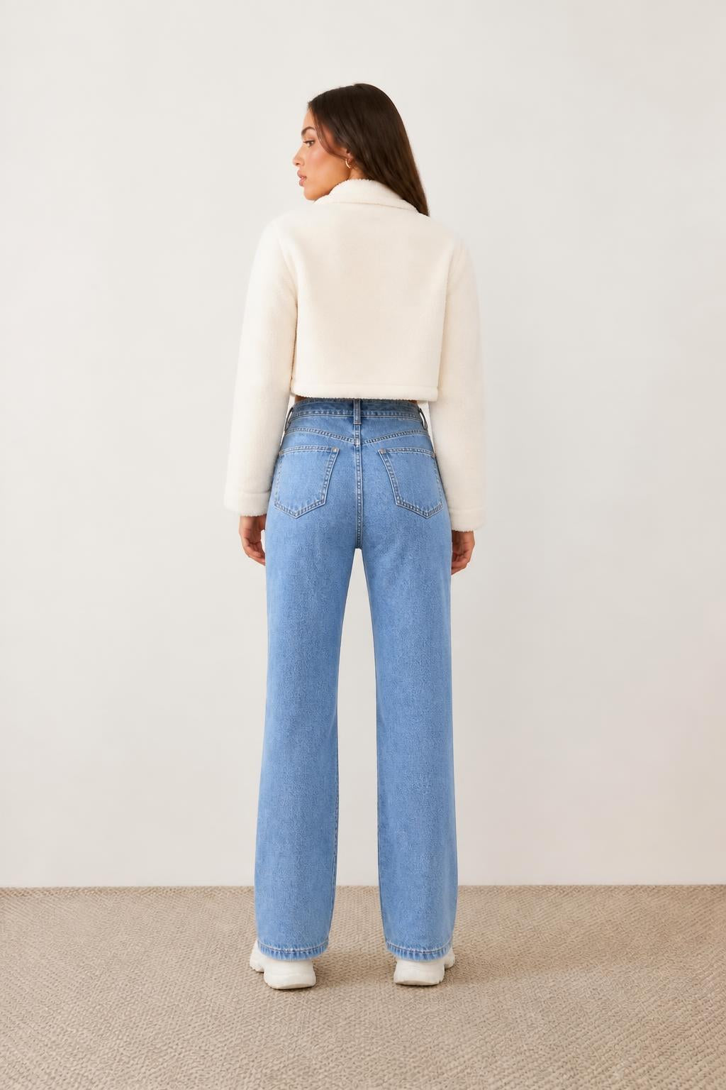 Sophia | High Waisted Straight Leg Jeans, Medium Blue Stretch Denim - back view