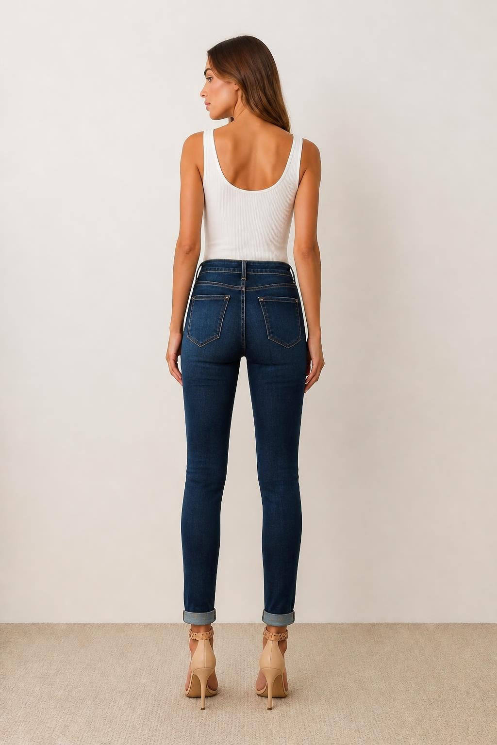 Mia | Dark Blue Jeans Women, High-Waist Buckle Flipover Skinny - back view