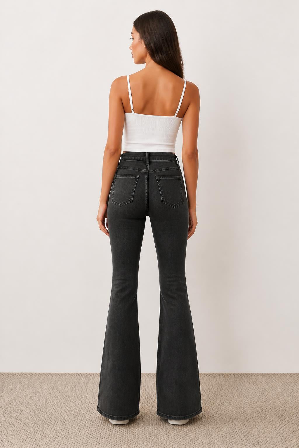 Mia | Black Flare Jeans, High-Rise Stretch Denim - back view